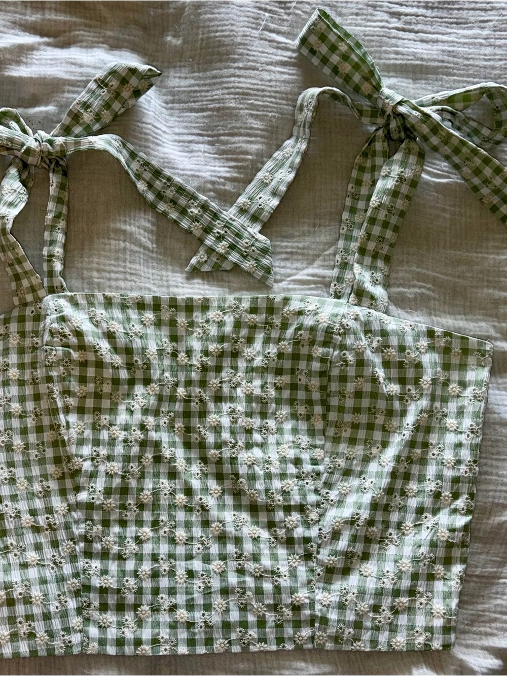 Women’s Green Gingham Tie-Strap Crop Top